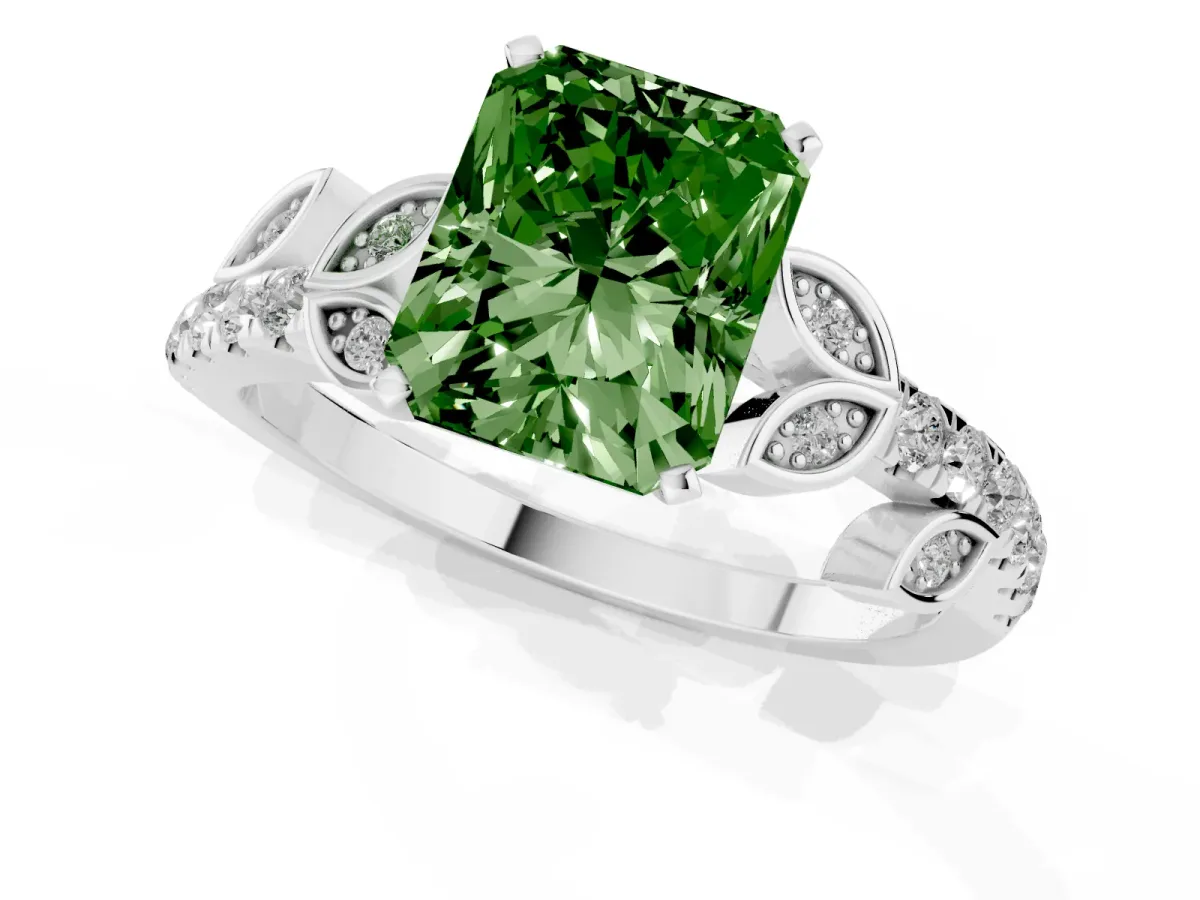 Fancy Green Radiant Cut Solitaire Leaf-Inspired Diamond Ring with Pavé Band and Four-Prong Setting Silver
