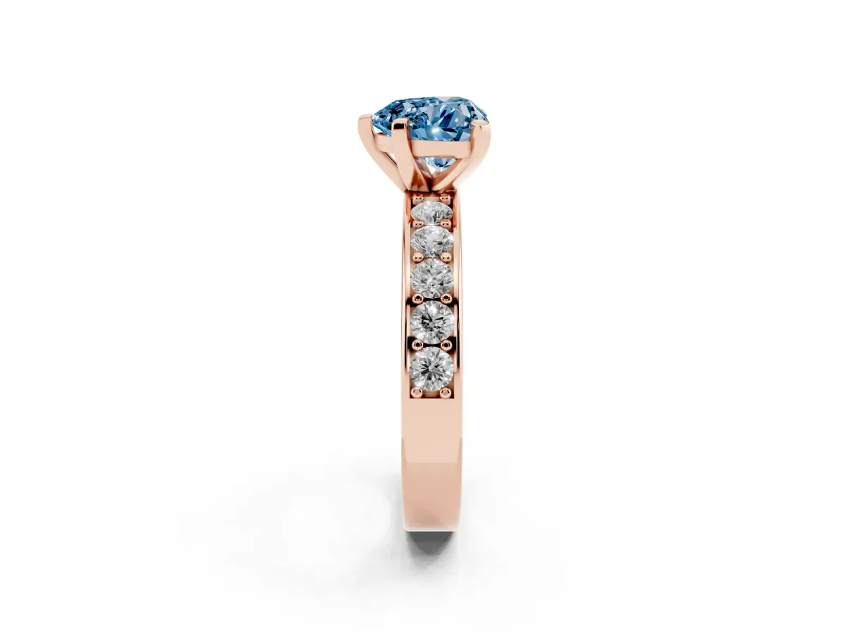 Fancy Blue Heart Cut Diamond Engagement Ring with Channel Set Round Band and Prong Setting Rose gold