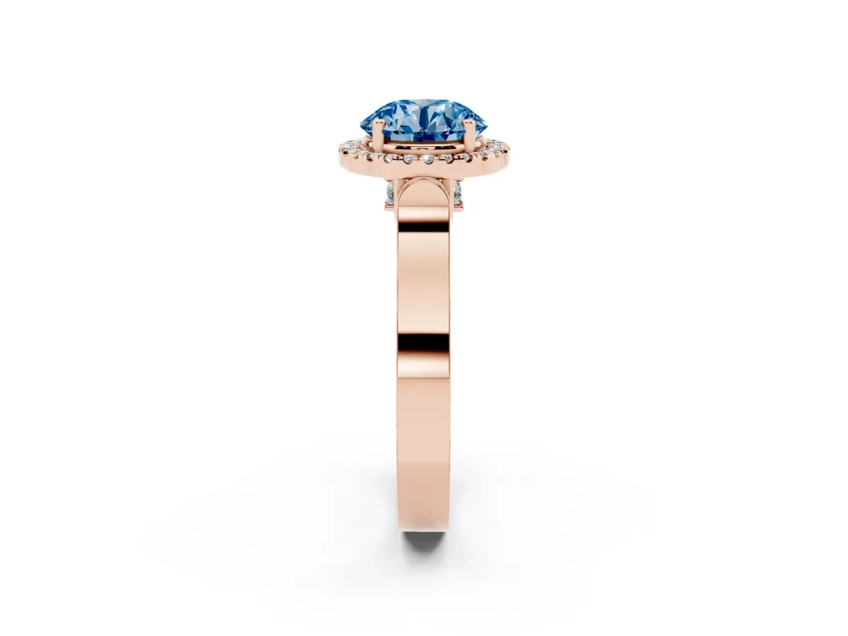 Fancy Blue Round Cut Halo Pave Split Shank Prong Setting Ring Rose gold