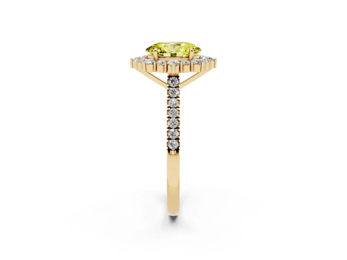 Fancy Yellow Oval Cut Halo Diamond Ring with Pavé Band and Prong Setting Yellow gold