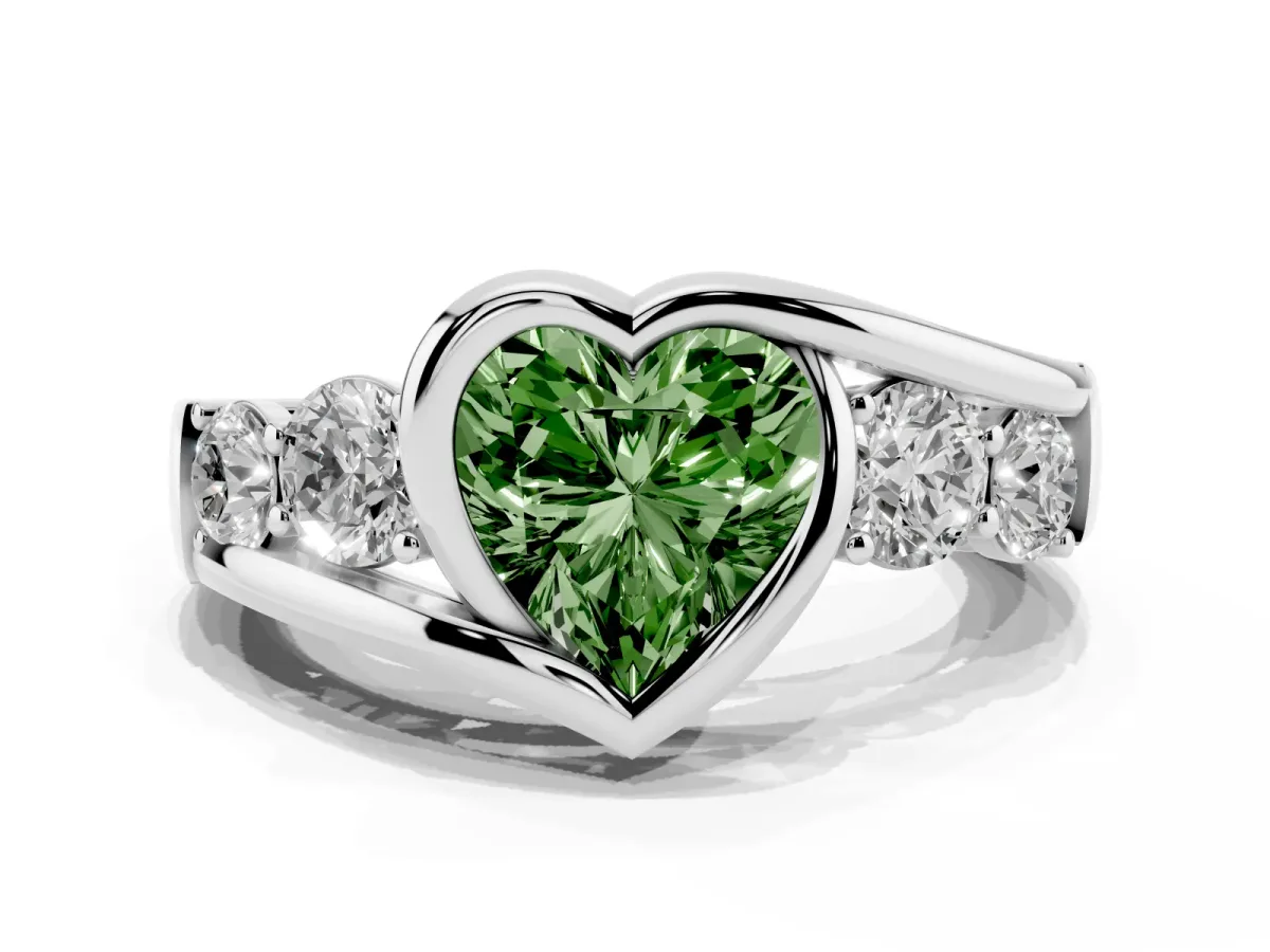 Fancy Green Bezel Set Heart Cut Diamond Bypass Ring with Round Accents Silver