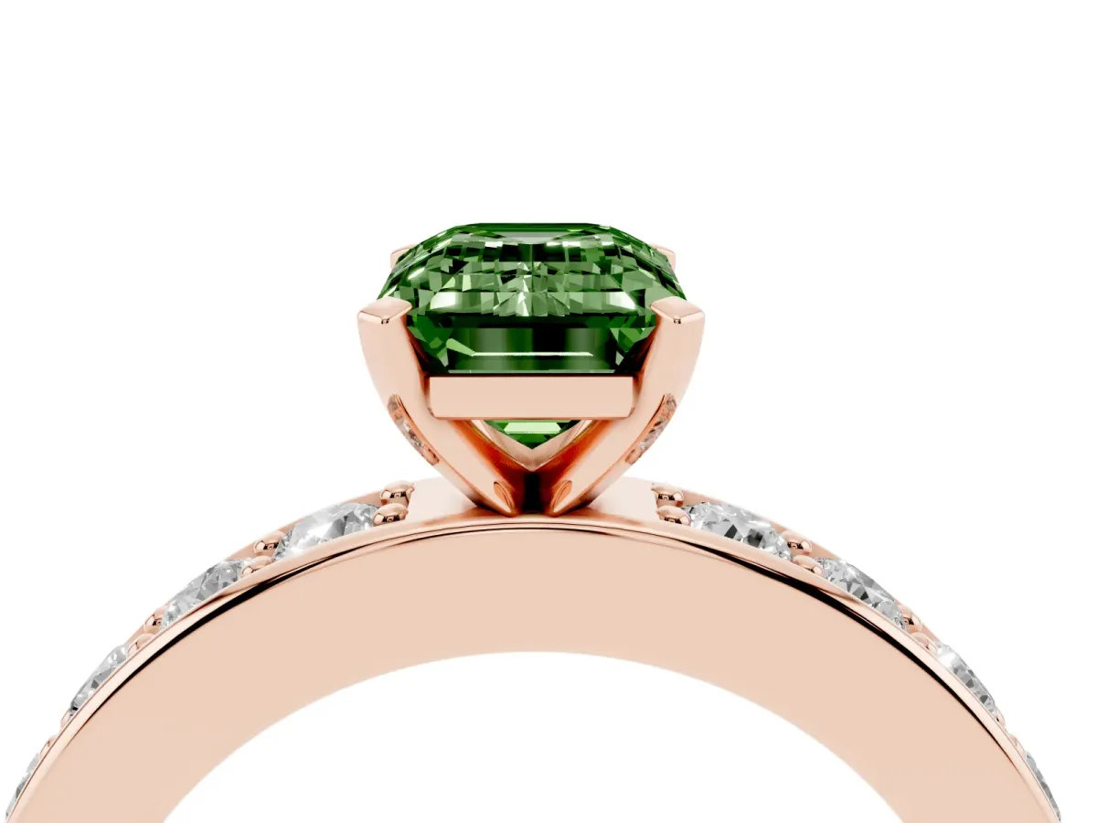 Fancy Green Emerald Cut Diamond Engagement Ring with Channel Set Round Band and Prong Setting Rose gold