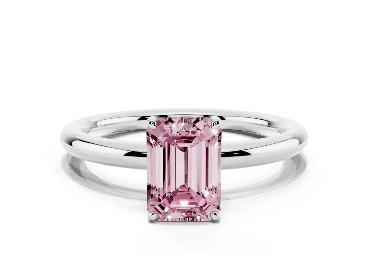 Fancy Pink Emerald Cut Solitaire Diamond Ring with Four-Prong Setting on a Plain Band Silver