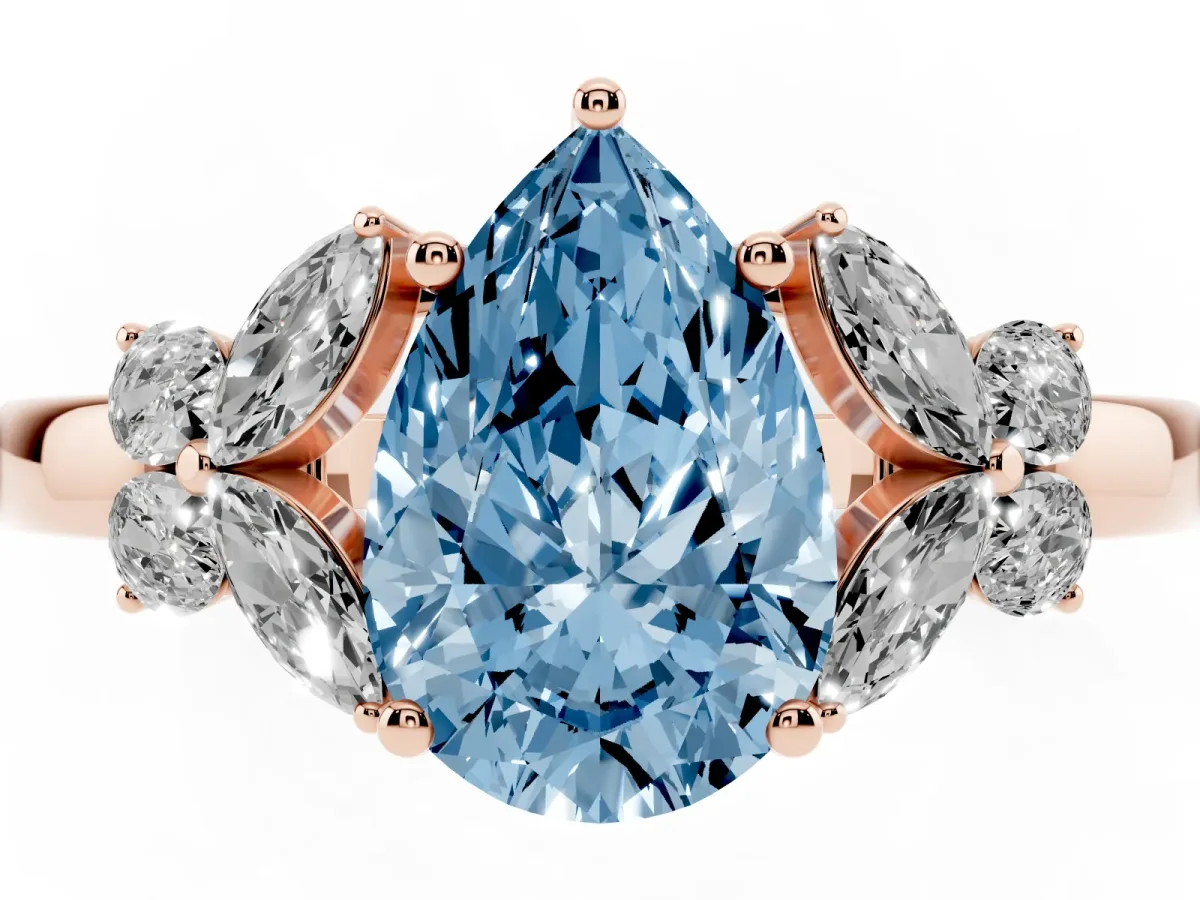 Fancy Blue Pear Cut Cut Solitaire Floral Diamond Ring with Four-Prong Setting Rose gold