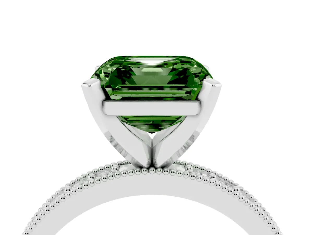 Fancy Green Asscher Cut Diamond Milgrain Pavé Engagement Ring with Four-Prong Setting Silver