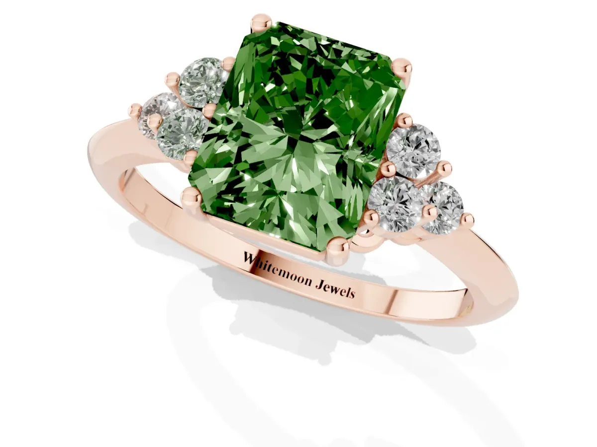 Fancy Green Radiant Cut Cut Diamond Cluster Ring with Solitaire Band and Four-Prong Setting Rose gold