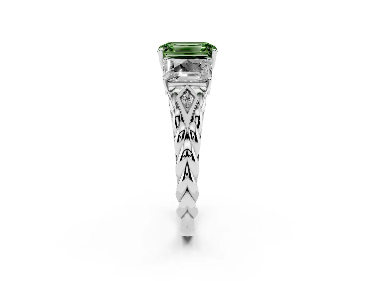 Fancy Green Three-Stone Radiant Cut Diamond Braided Band Ring with Four-Prong Setting Silver