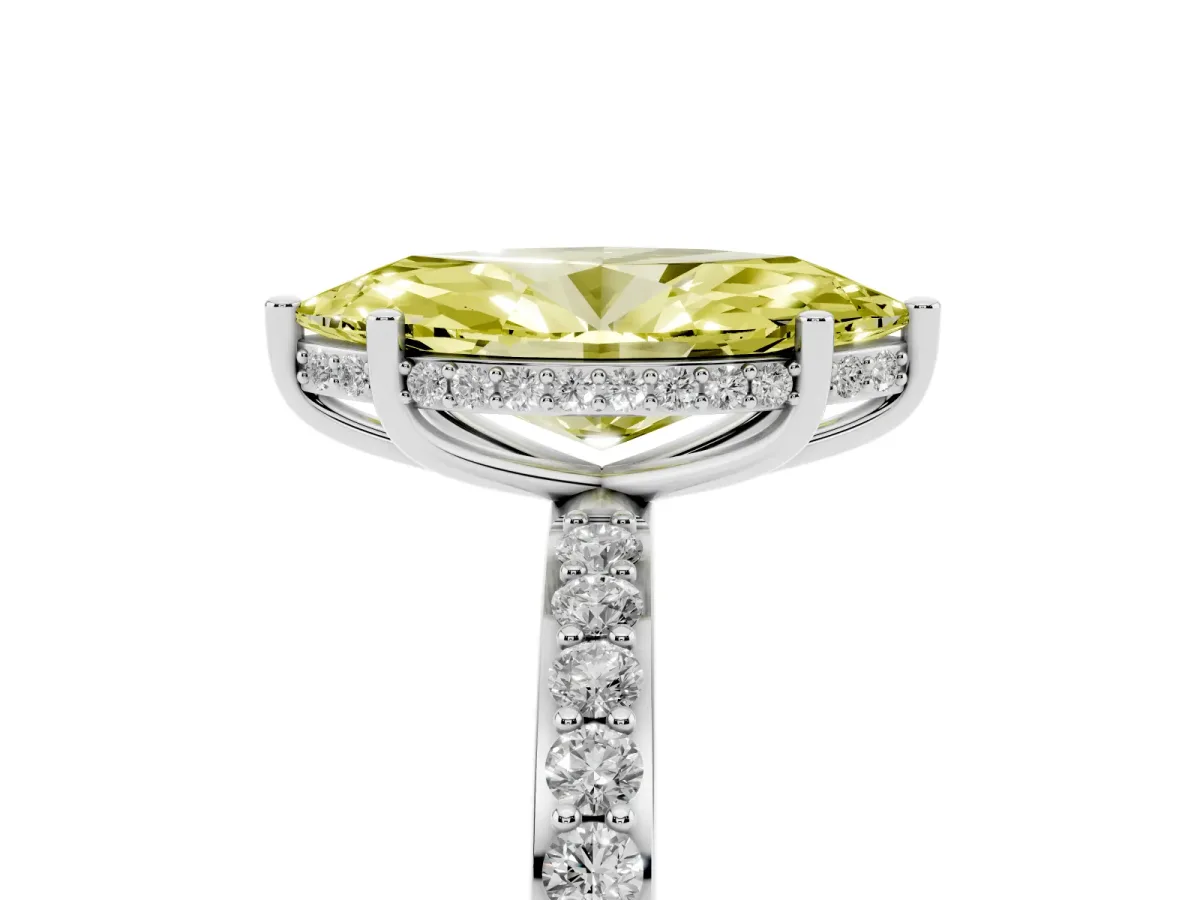 Fancy Yellow Marquise Cut Diamond Solitaire Ring with Pavé Band and Hidden Halo Silver