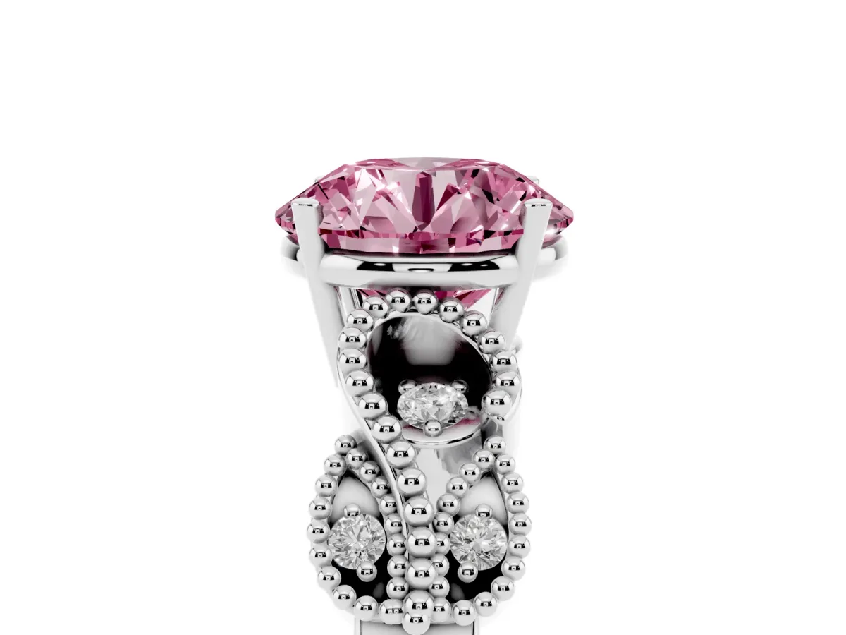 Fancy Pink Round Cut Solitaire Milgrain Leaf Band with Prong Setting Silver