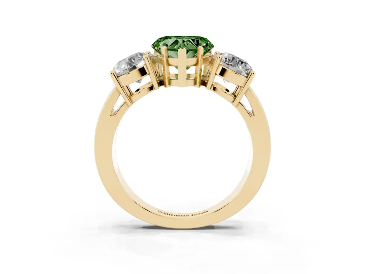 Fancy Green Three-Stone Heart Cut Diamond Ring with Round Side Stones, Classic Band, and Four-Prong Setting Yellow gold