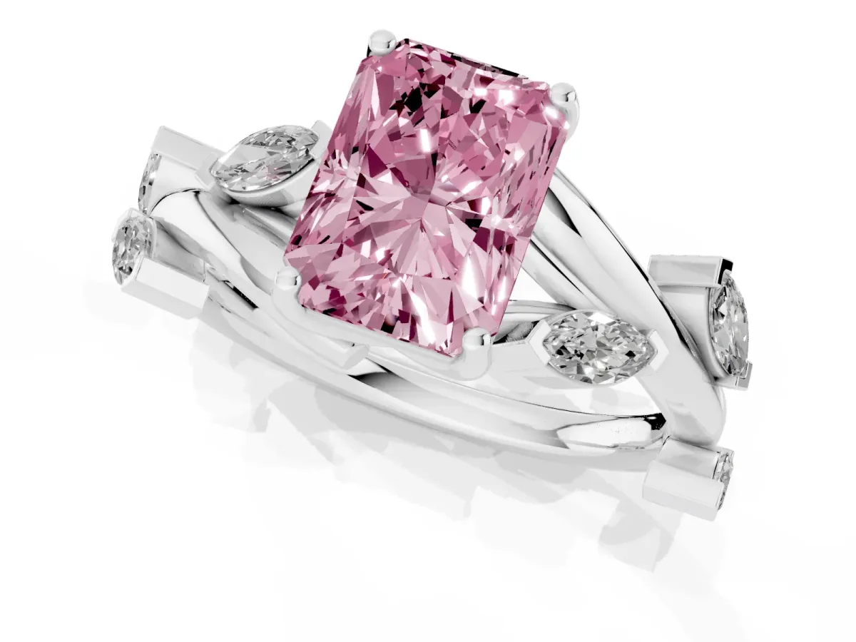 Fancy Pink Radiant Cut Solitaire Twisted Band Marquise Accent Prong Setting Ring Silver