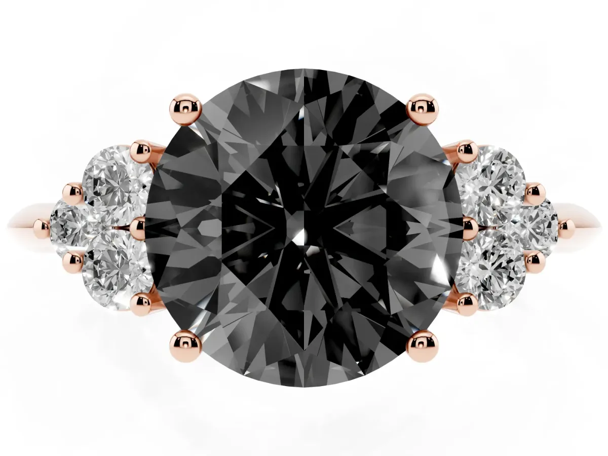 Fancy Black Round Cut Cut Diamond Cluster Ring with Solitaire Band and Four-Prong Setting Rose gold