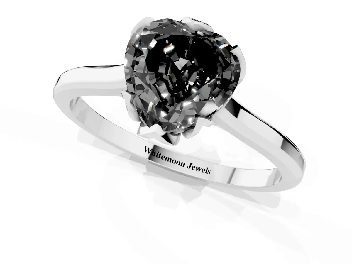 Fancy Black Heart Cut Diamond Solitaire Ring with Flower Prong Setting and Classic Band Silver