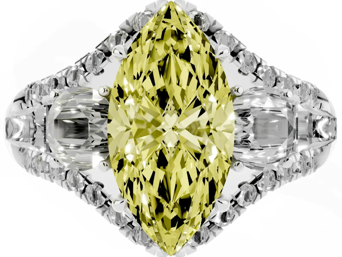 Fancy Yellow Three-Stone Marquise Cut Diamond Engagement Ring with Pave Band and Prong Setting Silver