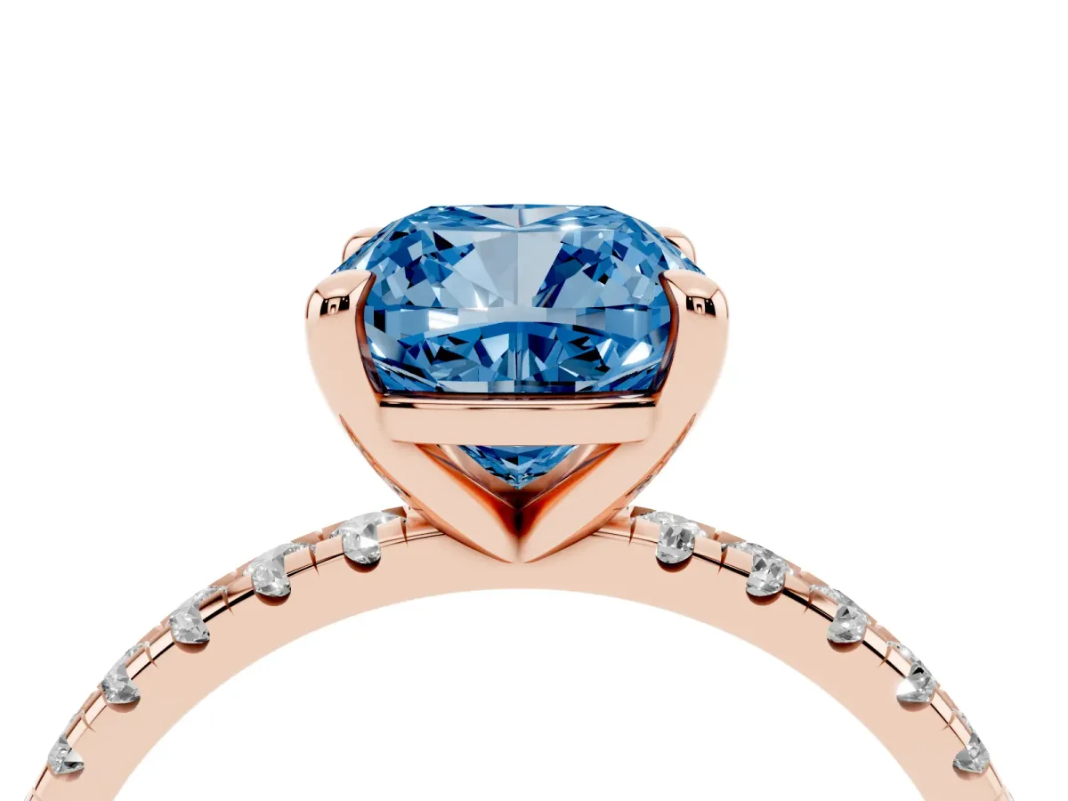Fancy Blue Cushion Cut Diamond Brilliant Solitaire Ring with Pavé Band and Four-Prong Setting Rose gold
