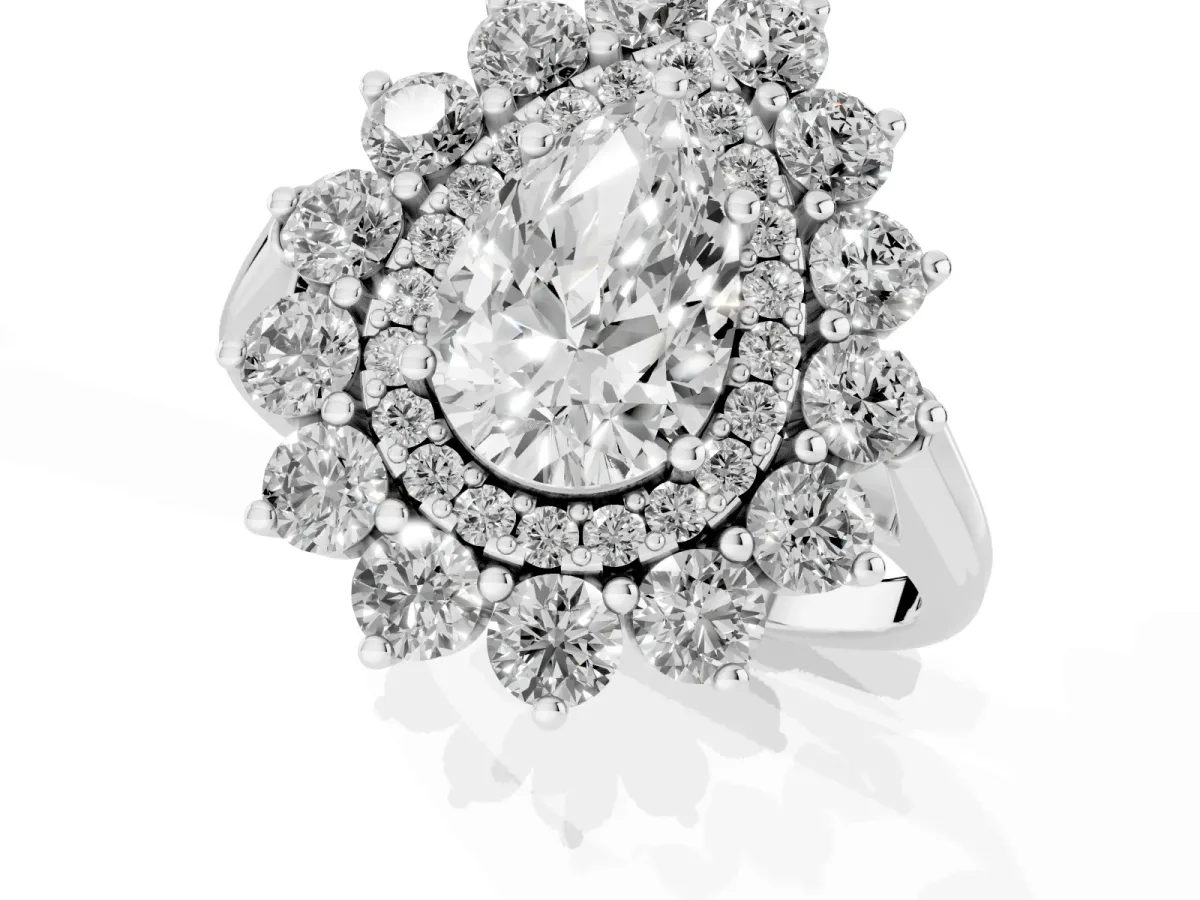 Pear Cut Diamond Floral Double Halo Engagement Ring with Prong Setting Silver