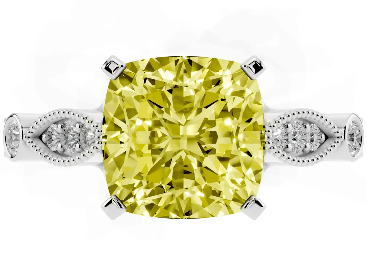 Fancy Yellow Cushion Cut Cut Diamond with Milgrain Marquise and Bezel Accents on a Solitaire Band with Prong Setting Platinum