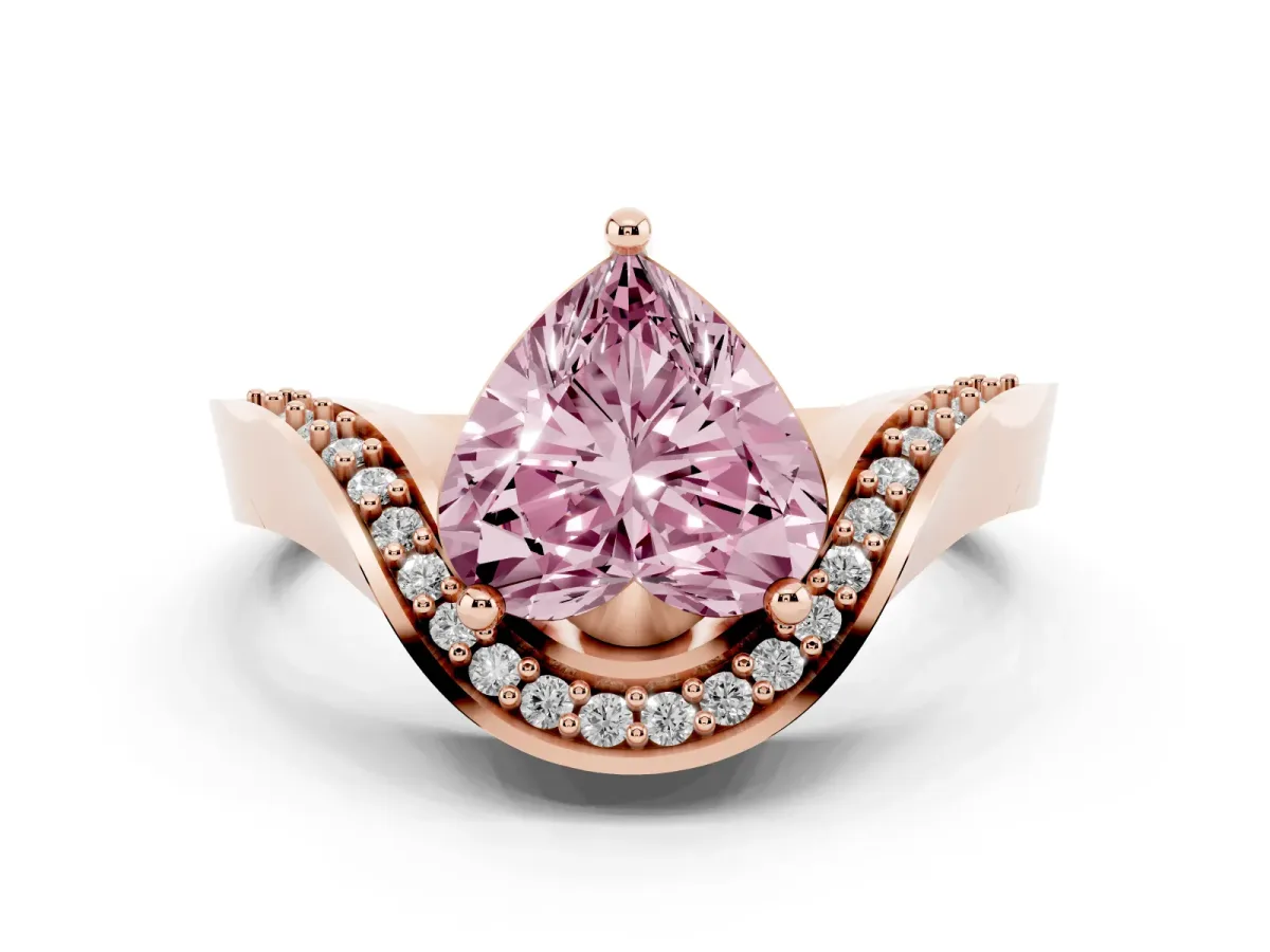 Fancy Pink Heart Cut Solitaire Diamond Engagement Ring with Pave Band and Four-Prong Setting Rose gold