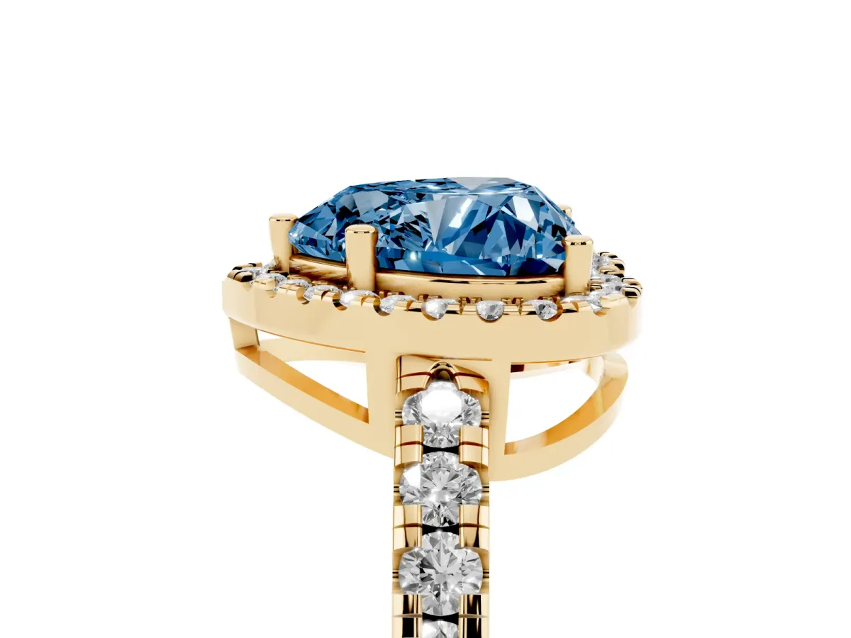 Fancy Blue Heart Cut Diamond Halo Ring with Pavé Band and Four-Prong Setting Yellow gold