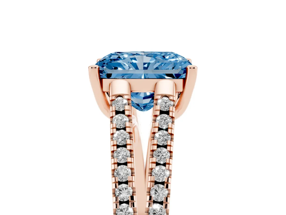 Fancy Blue Radiant Cut Diamond Solitaire Engagement Ring with Split Shank Pavé Band Rose gold