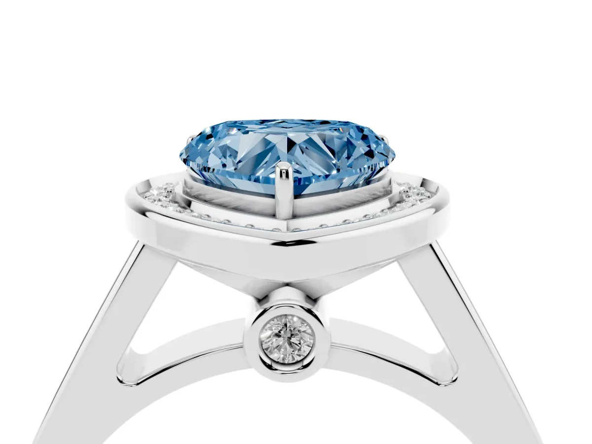 Fancy Blue Heart Cut Halo Solitaire Diamond Ring with Pave Band and Bezel Setting White gold