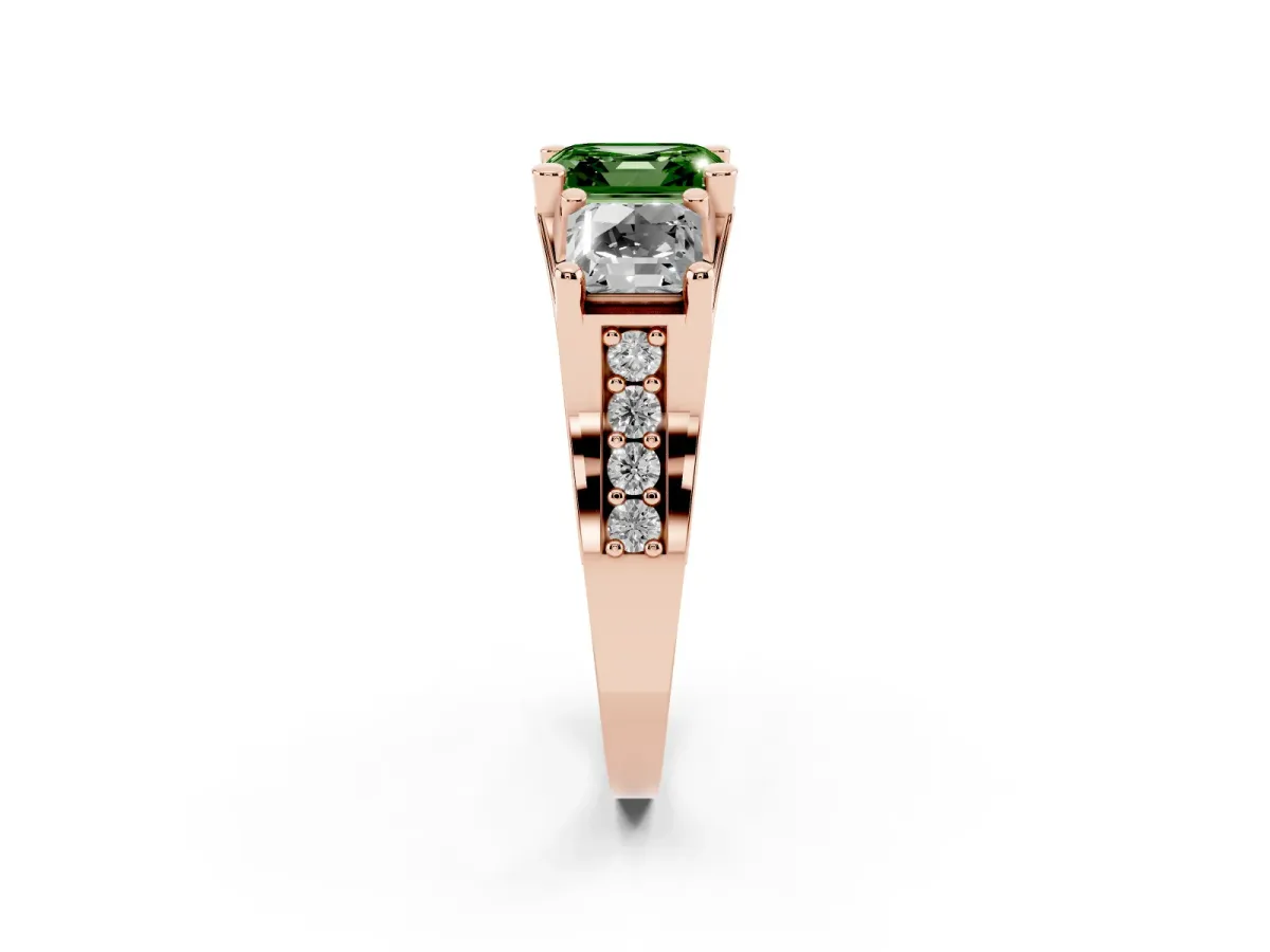 Fancy Green Asscher Cut Diamond Three-Stone Ring with Channel Set Band and Four-Prong Setting Rose gold