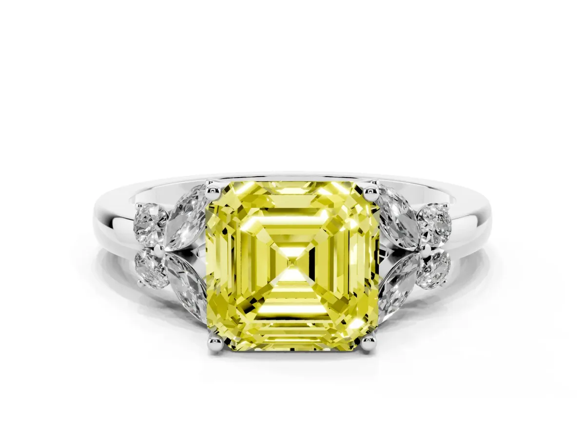 Fancy Yellow Asscher Cut Cut Solitaire Floral Diamond Ring with Four-Prong Setting Silver
