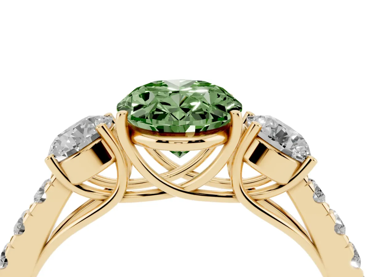 Fancy Green Oval Cut Cut Diamond Three-Stone Ring with Round Side Stones and Pavé Band Yellow gold