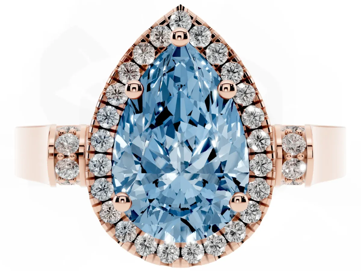 Fancy Blue Pear Cut Halo Pave Split Shank Prong Setting Ring Rose gold