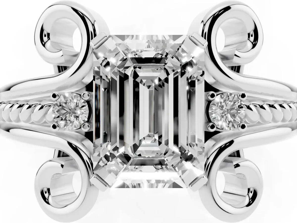 Emerald Cut Solitaire Twisted Band Scroll Prong Ring Silver