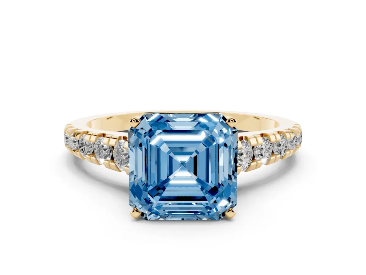 Fancy Blue Asscher Cut Diamond Cathedral Solitaire Ring with Round Pavé Band Yellow gold