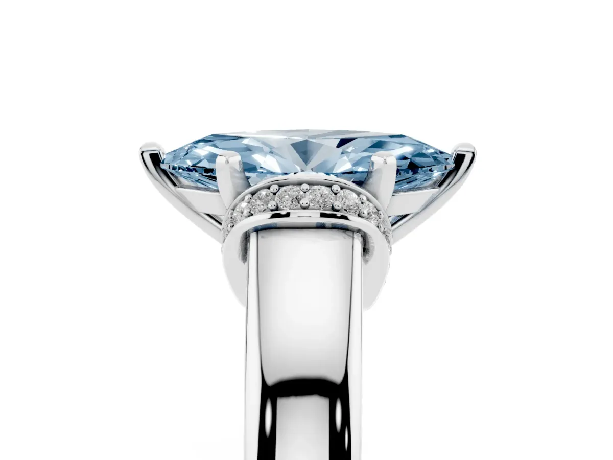 Fancy Blue Marquise Cut Solitaire Diamond Ring with Pave Band and Six-Prong Setting Silver