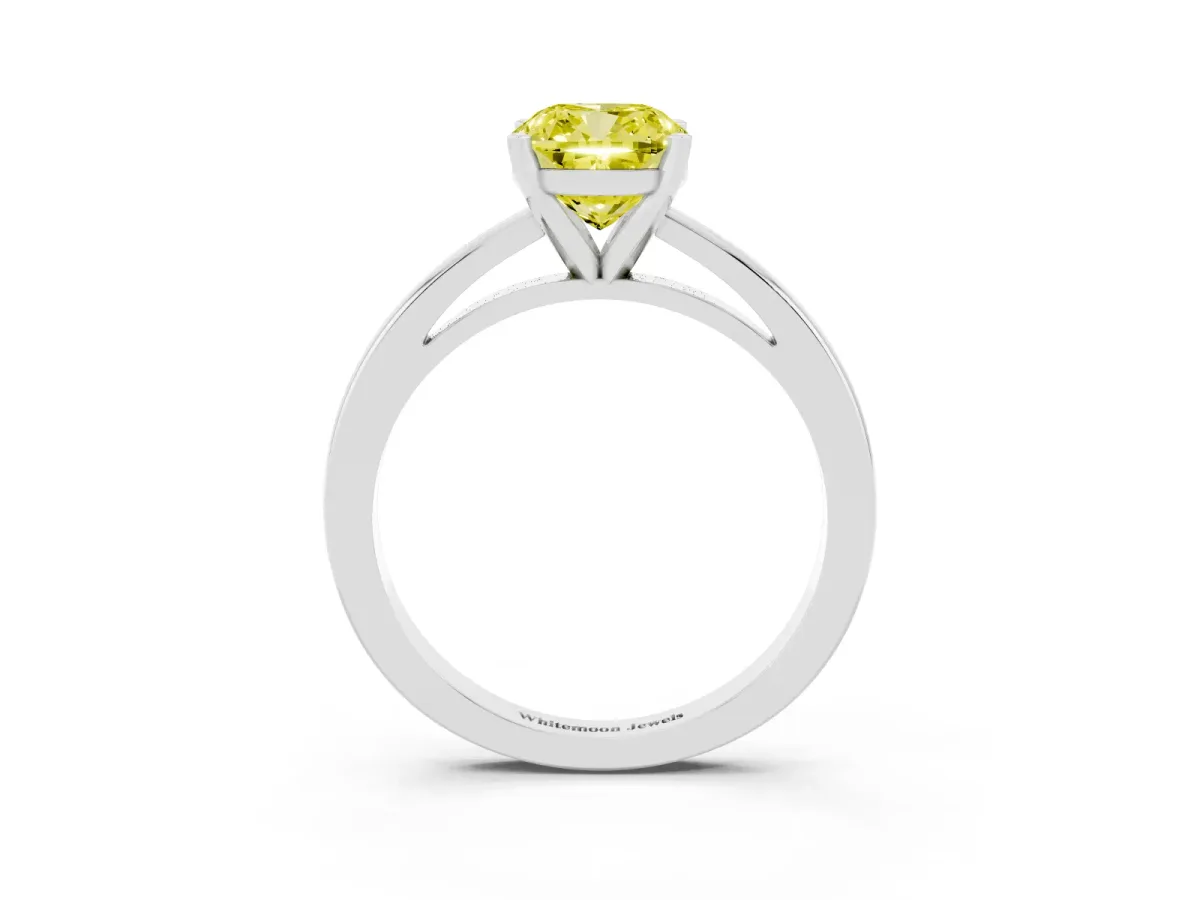 Fancy Yellow Cushion Cut Solitaire Diamond Engagement Ring with Four-Prong Setting on a Classic Band Silver
