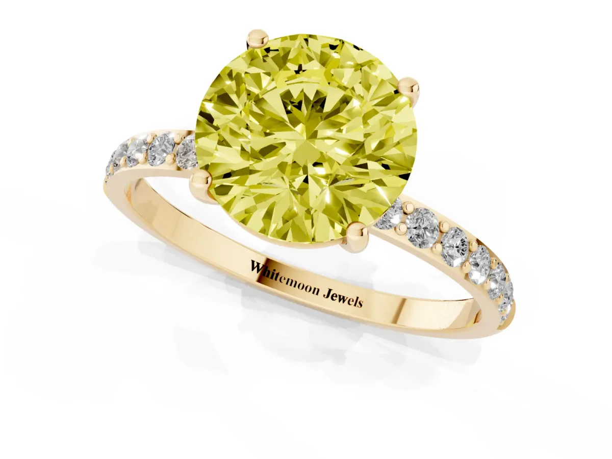 Fancy Yellow Round Cut Diamond Solitaire Ring with Round Pavé Shoulders and Prong Setting Yellow gold