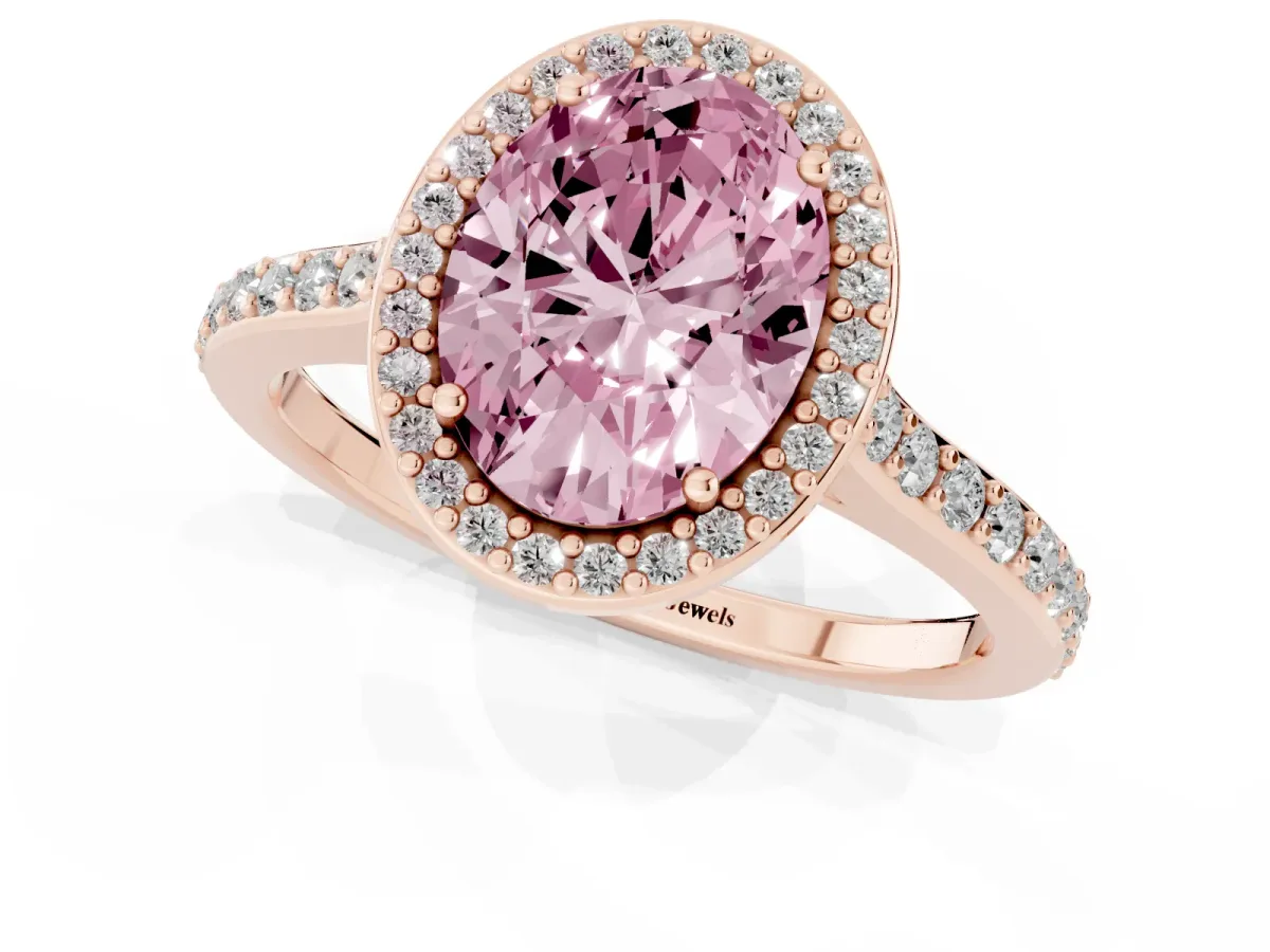 Fancy Pink Oval Cut Diamond Halo Engagement Ring with Round Pavé Shoulders and Prong Setting Rose gold