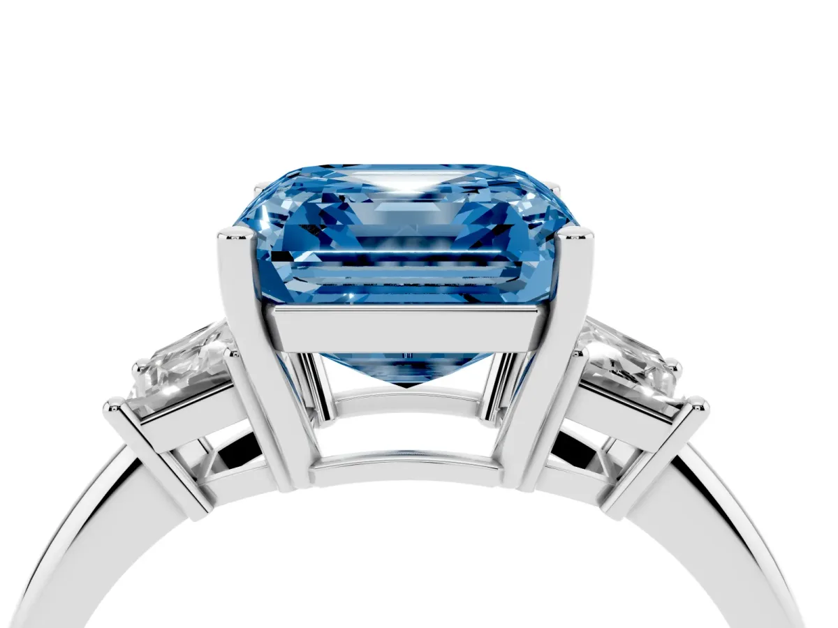 Fancy Blue Asscher Cut Diamond Three-Stone Ring with Trapezoid Side Stones and Prong Setting Platinum