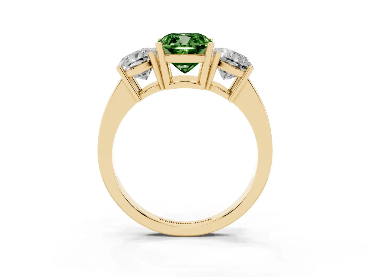 Fancy Green Three-Stone Cushion Cut Cut Diamond Engagement Ring with Flat Band and Four-Prong Setting Yellow gold