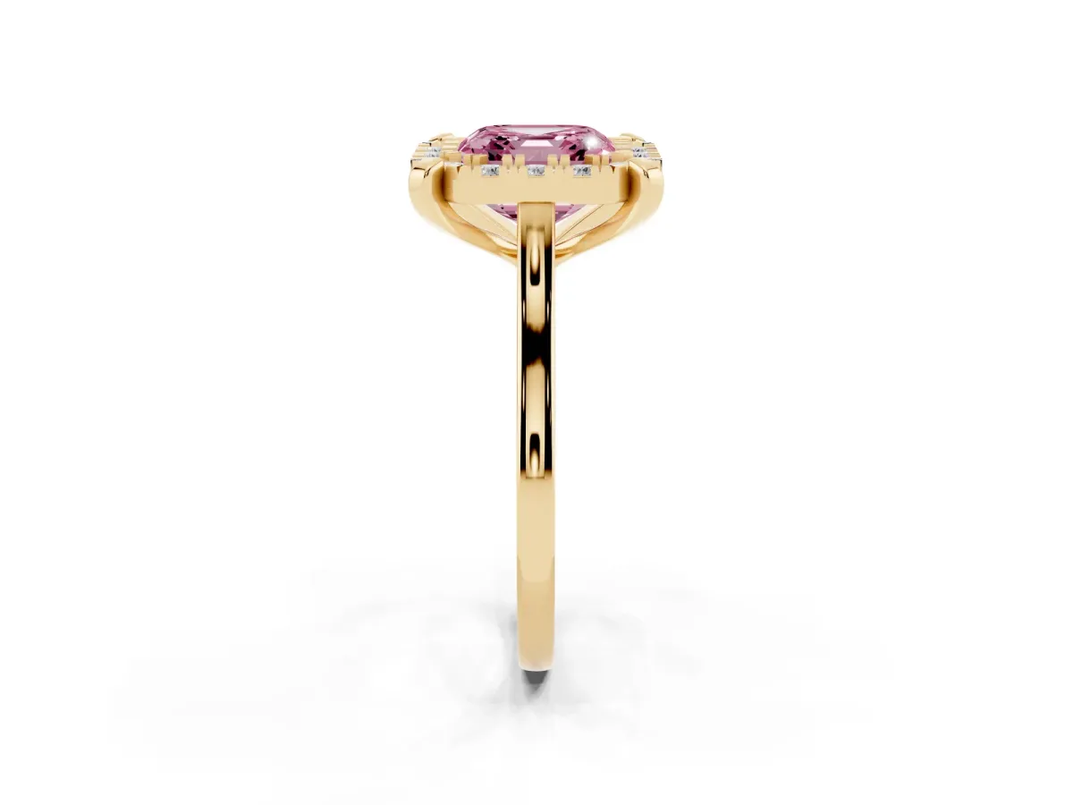 Fancy Pink Asscher Cut Diamond Cluster Halo Solitaire with Four-Prong Setting Yellow gold