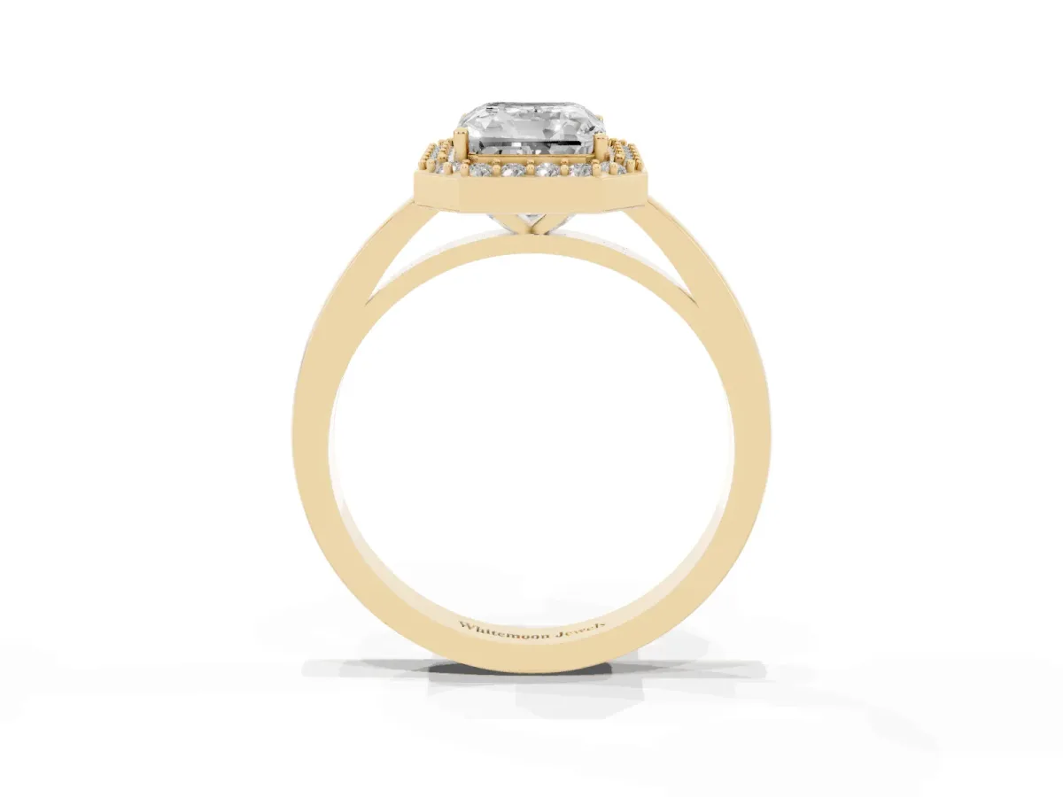 Radiant Cut Halo Diamond Ring with Solitaire Band and Prong Setting Yellow gold