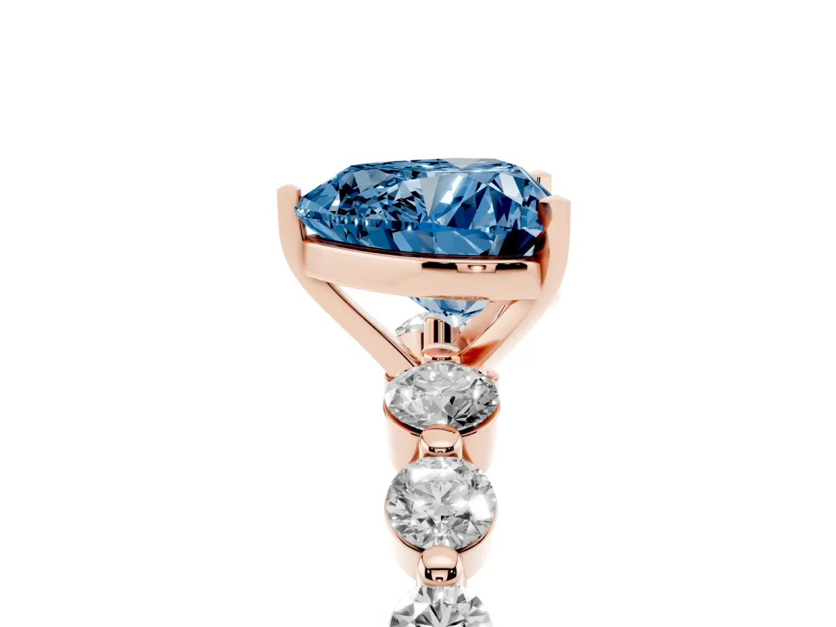 Fancy Blue Heart Cut Solitaire Diamond Ring with Pave Band and Four-Prong Setting Rose gold