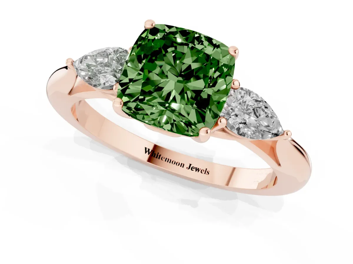 Fancy Green Three-Stone Cushion Cut Brilliant Diamond Solitaire Ring with Tapered Band and Four-Prong Setting Rose gold