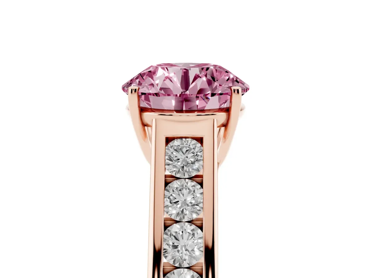 Fancy Pink Round Cut Solitaire Channel-Set Diamond Engagement Ring with Four-Prong Setting Rose gold