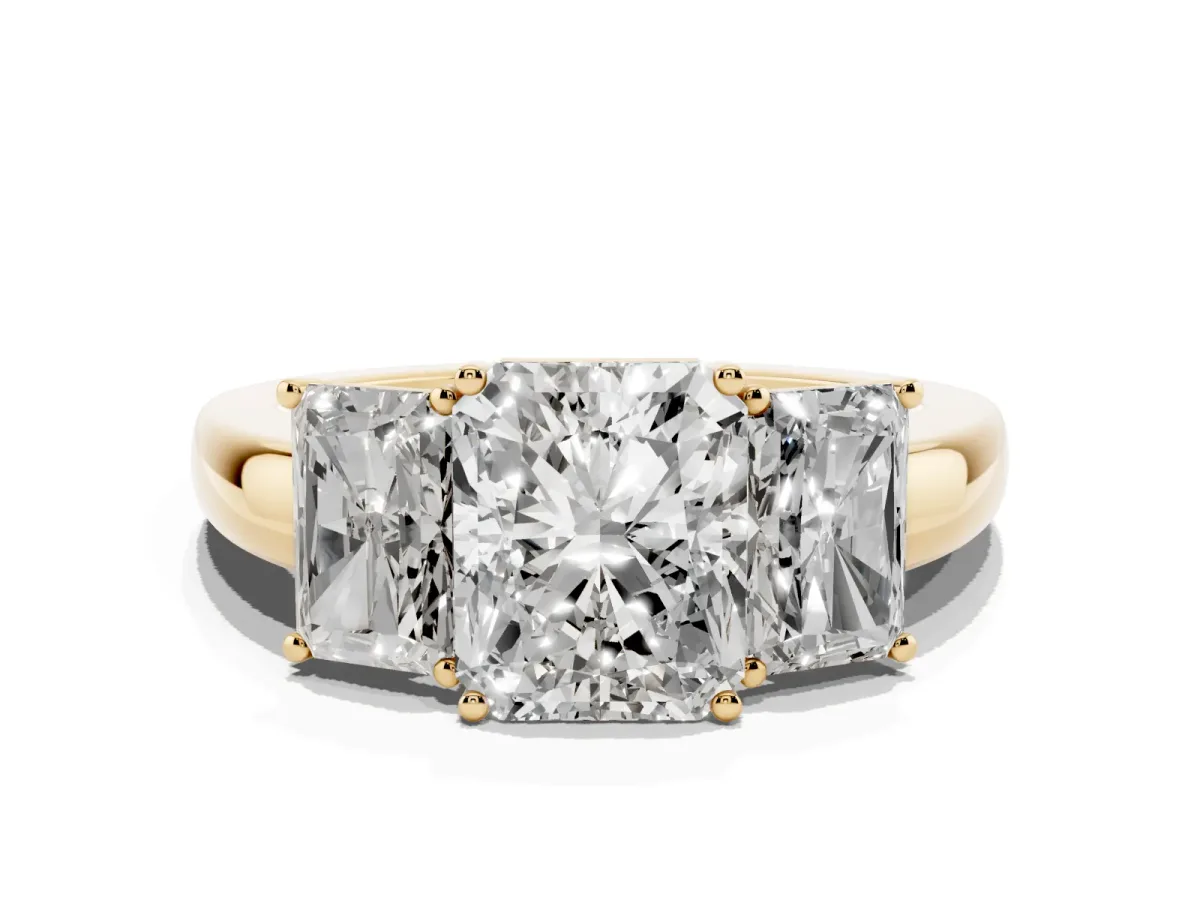 Radiant Cut Diamond Three-Stone Ring with Four-Prong Setting and Classic Band Yellow gold
