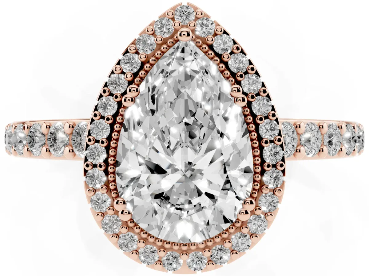 Pear Cut Cut Diamond Halo Engagement Ring with Milgrain Detail and Pavé Band Rose gold