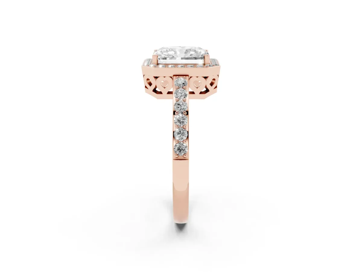 Radiant Cut Halo Diamond Pavé Band Ring with Prong Setting Rose gold