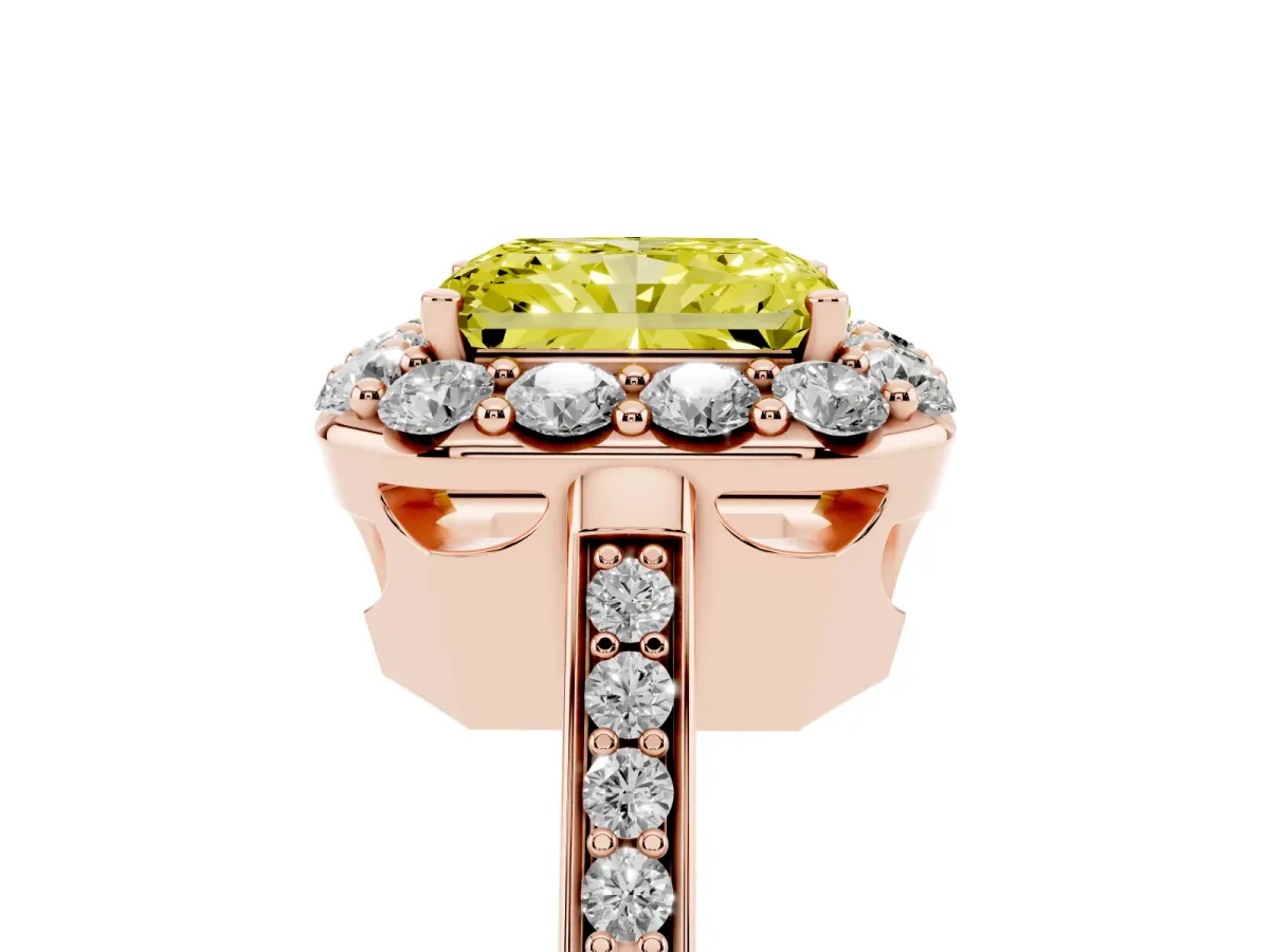 Fancy Yellow Radiant Cut Diamond Floral Halo Ring with Pavé Band and Prong Setting Rose gold