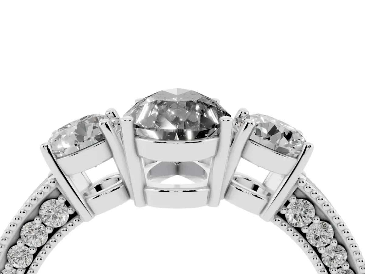 Fancy Black Pear Cut Three-Stone Diamond Ring with Pavé Band and Four-Prong Setting Platinum