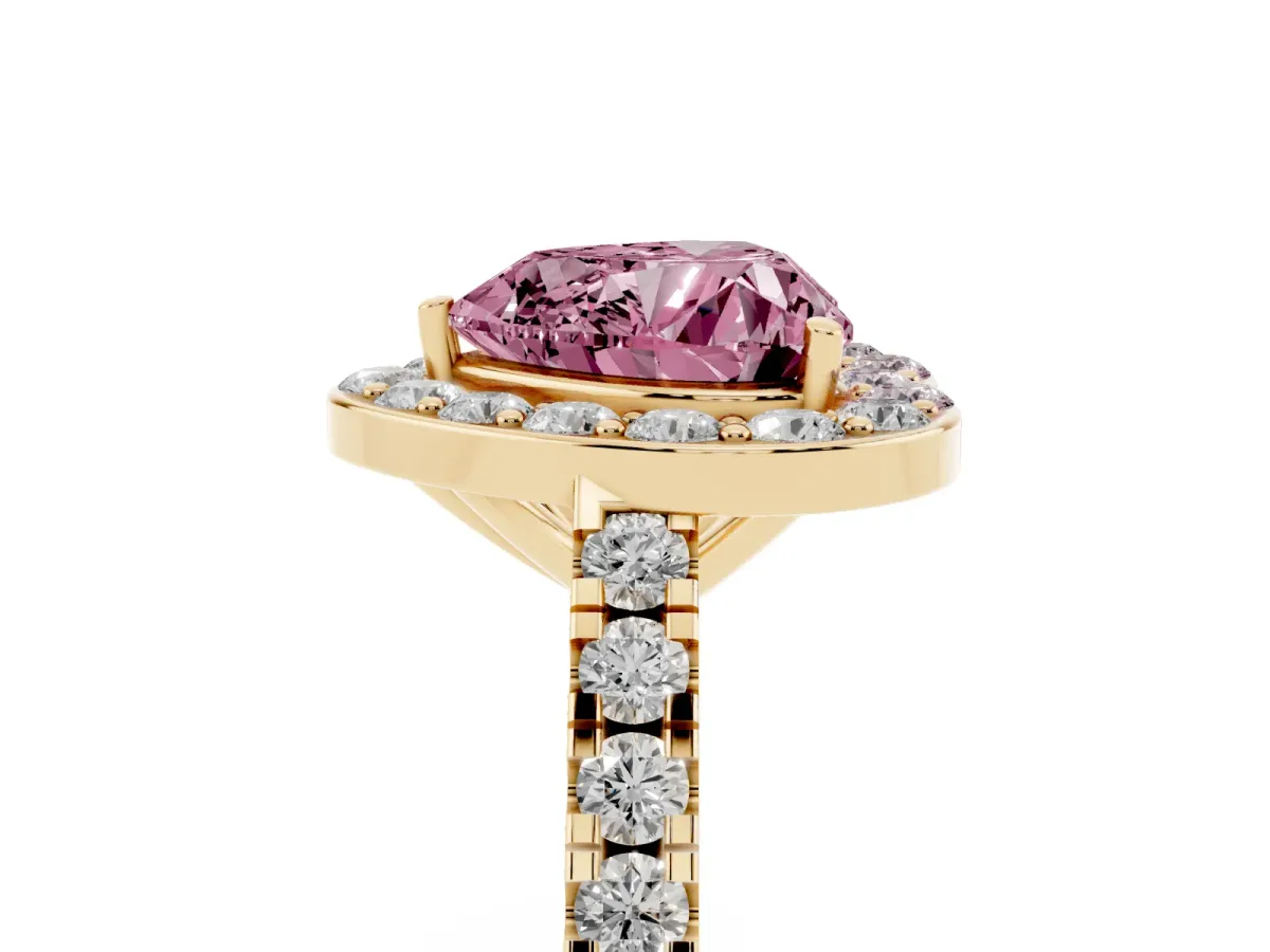 Fancy Pink Heart Cut Diamond Halo Ring with Round Pavé Split Shank and Prong Setting Yellow gold