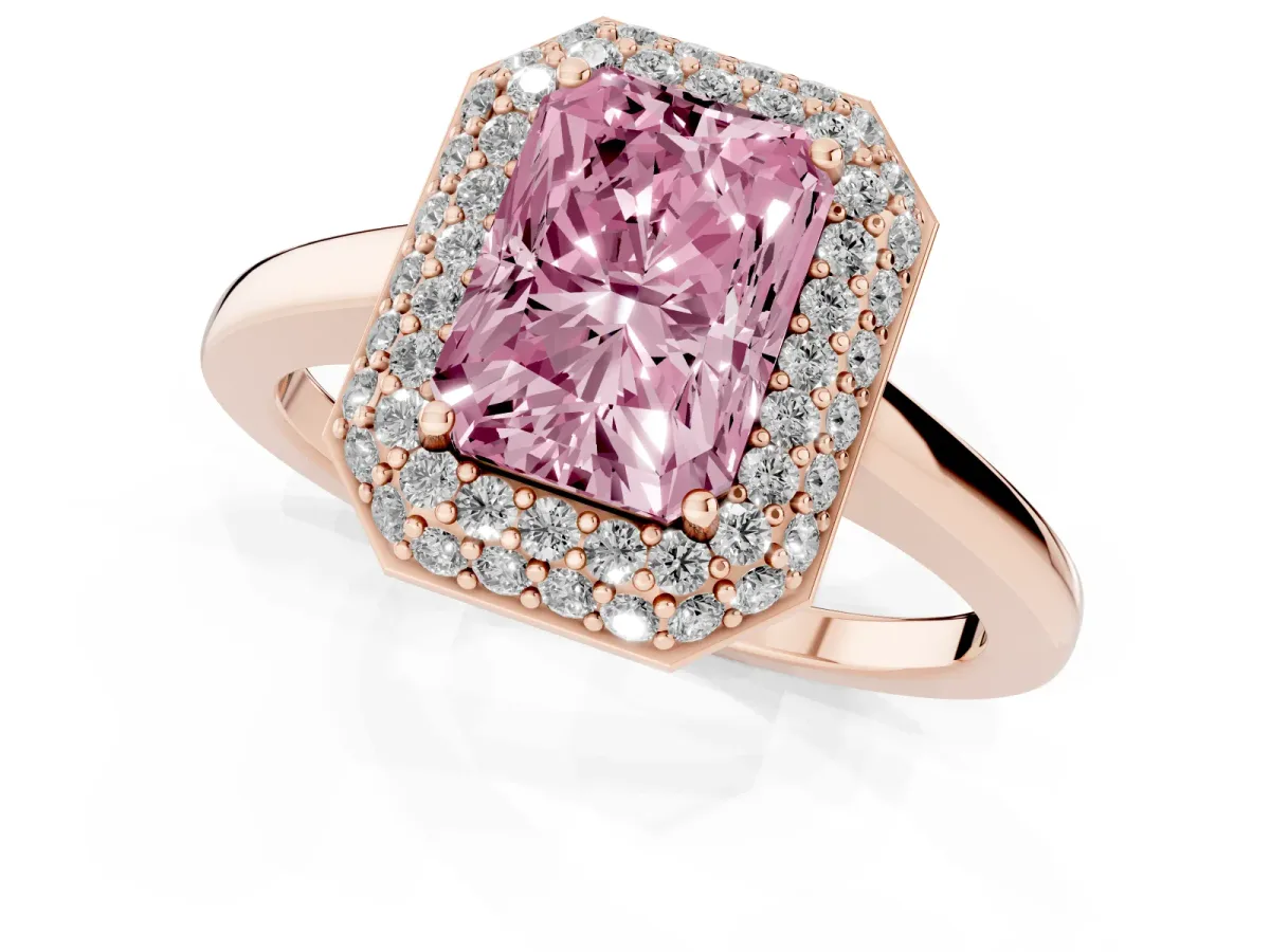 Fancy Pink Radiant Cut Halo Diamond Engagement Ring with Solitaire Band and Four-Prong Setting Rose gold