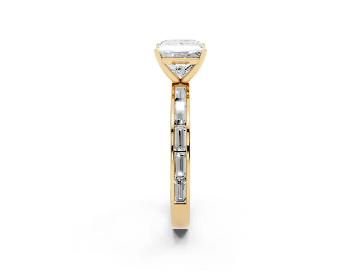 Princess Cut Solitaire Diamond Ring with Channel-Set Baguette Band and Four-Prong Setting Yellow gold